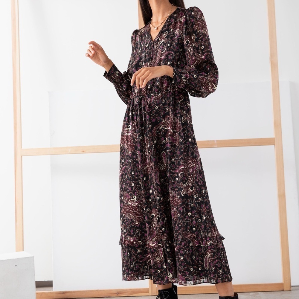 & Other Stories Black and Purple Paisley Satin Midi Puff Sleeve Dress Size 0
